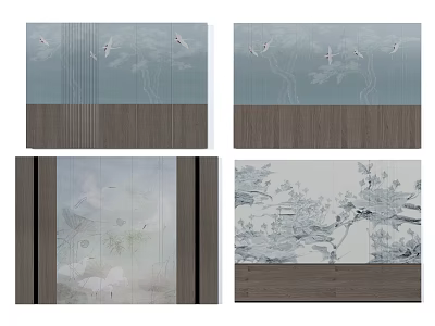 Decorative Background Wall Featuring Crane And Landscape Motifs Light Blue Tones With Wooden Panels 3d model