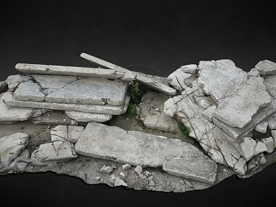 Broken Stone Slabs Scattered With Cracked Rocks And Green Moss Debris 3d model