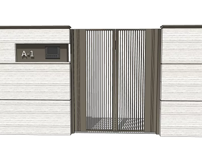 Modern Entrance Gate With Vertical Metal Slats And A1 Signage On Wooden Panel 3d model