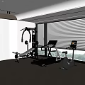 Modern Home Gym Setup With Treadmill Exercise Bike Bench And Large Windows 3d model
