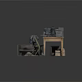 Vintage Office Setup With Wooden Desk Antique Radio File Cabinet Metal Cart Chair And Books
