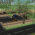 Rural Farm Parking Lot With Blue Car Hay Bales Trees And Flowers