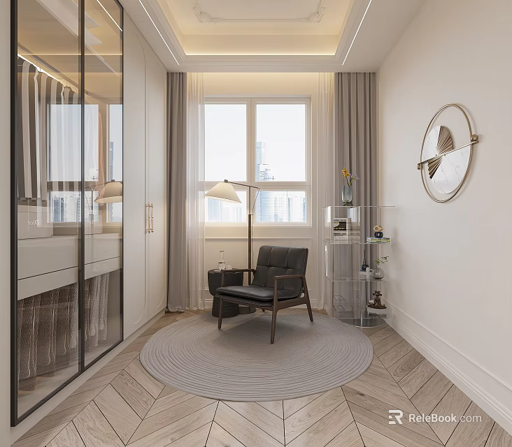 Modern Cloakroom Interior With Chair Round Rug And Floor Lamp 3d model 
