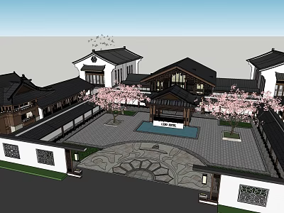 Traditional Chinese Ancient Architecture Courtyard With Cherry Blossom Trees And Stone Pavement 3d model