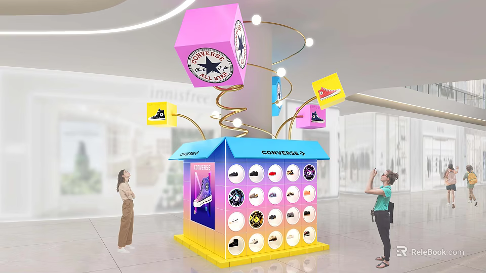 Interactive Colorful Cube Display Installation With Hanging Cards And Chance Icons 3d model