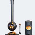 Black Contemporary Fireplace Design With Spherical Cylindrical Shape Burning Flame And Tools 3d model