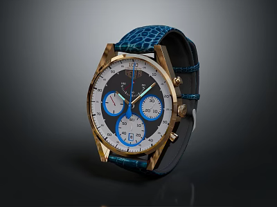 Luxury Wrist Watch With Blue Leather Strap Gold Case And Multi Dial Design 3d model