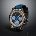 Luxury Wrist Watch With Blue Leather Strap Gold Case And Multi Dial Design