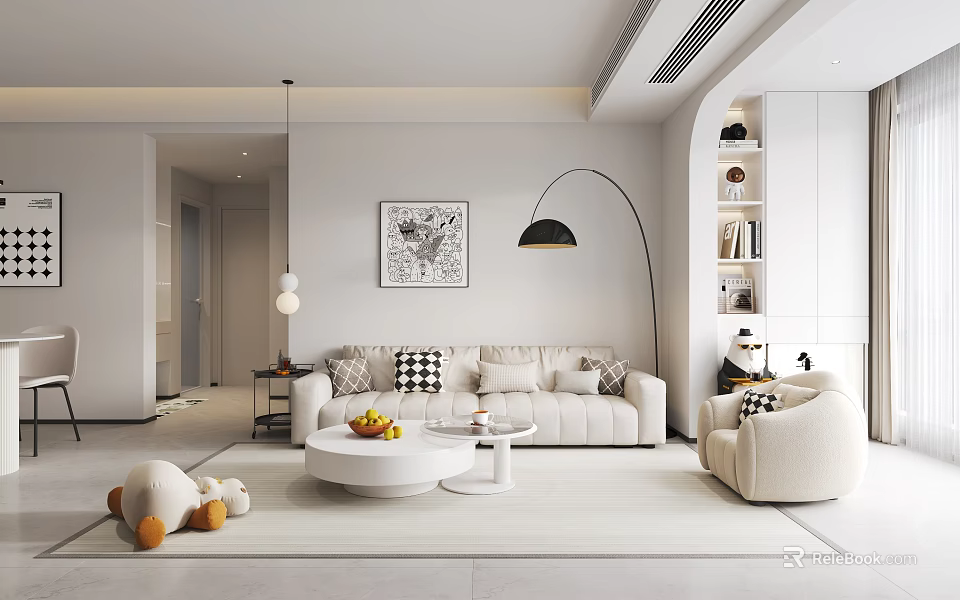 Modern Living Dining Room Interior With Beige Sofa White Coffee Table Floor Lamp And Bookshelf 3d model 