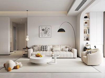 Modern Living Dining Room Interior With Beige Sofa White Coffee Table Floor Lamp And Bookshelf 3d model
