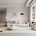 Modern Living Dining Room Interior With Beige Sofa White Coffee Table Floor Lamp And Bookshelf