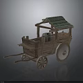 Traditional Wooden Cart With Green Roof Wooden Barrel And Large Wheels