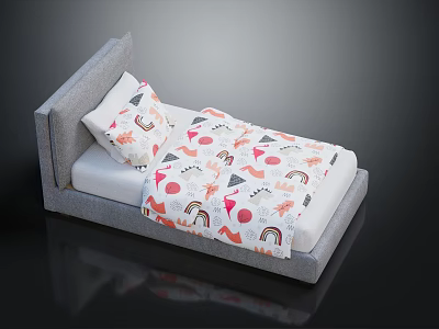 Modern Bedroom Furniture Bed with Gray Headboard Colorful Patterned Quilt and Matching Pillows 3d model