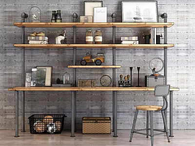 Vintage Industrial Bookshelf With Wood Metal Shelves Books Decorative Items Basket Wooden Box And Stool 3d model