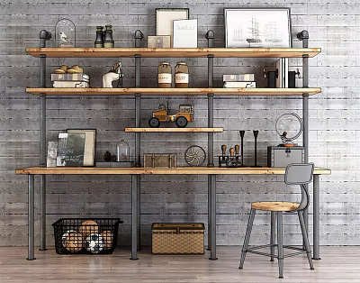 Vintage Industrial Bookshelf With Wood Metal Shelves Books Decorative Items Basket Wooden Box And Stool 3d model