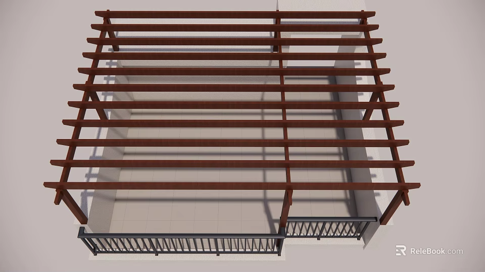 Outdoor Wooden Fence Design Featuring Horizontal Beams And Tile Floor Patio 3d model 