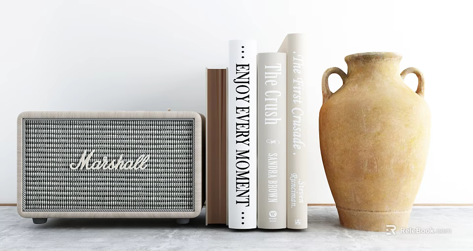 Stylish Ornament Decor Set With Bookshelf Speakers And Ceramic Vase 3d model 