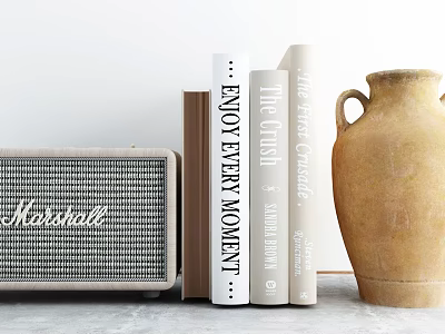 Stylish Ornament Decor Set With Bookshelf Speakers And Ceramic Vase 3d model