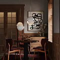 Warm Restaurant Interior With Wooden Dining Table Chairs Pendant Lights And Abstract Painting