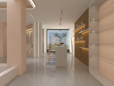 Modern Clothing Store Interior With Bright Lighting Central Display Table And Wooden Display Shelves 3d model