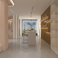 Modern Clothing Store Interior With Bright Lighting Central Display Table And Wooden Display Shelves
