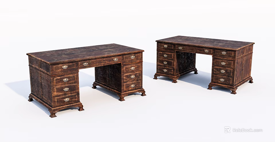 Vintage Wooden Desks With Multiple Drawers Ornate Carved Details And Dark Brown Finish 3d model 