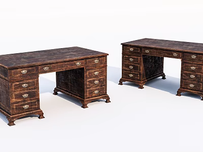 Vintage Wooden Desks With Multiple Drawers Ornate Carved Details And Dark Brown Finish 3d model
