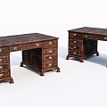 Vintage Wooden Desks With Multiple Drawers Ornate Carved Details And Dark Brown Finish