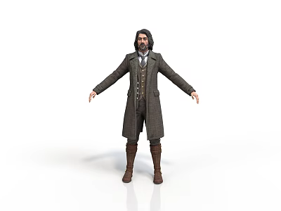 Man In Long Coat Vest And Boots With Long Hair Beard Standing Arms Outstretched 3d model
