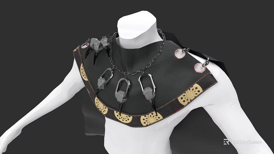 Stylish Black Decorative Shoulder Garment With Golden Patterns Metal Chain And Ornaments 3d model 