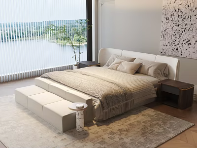 Modern Double Bed Bedroom With Lake View Window Bedside Tables Rug And Abstract Painting 3d model