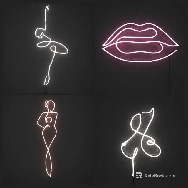 Neon Lightbox Decorative Art With Dancer Lips Female Figure And Abstract Lines 3d model 