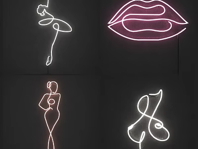 Neon Lightbox Decorative Art With Dancer Lips Female Figure And Abstract Lines 3d model