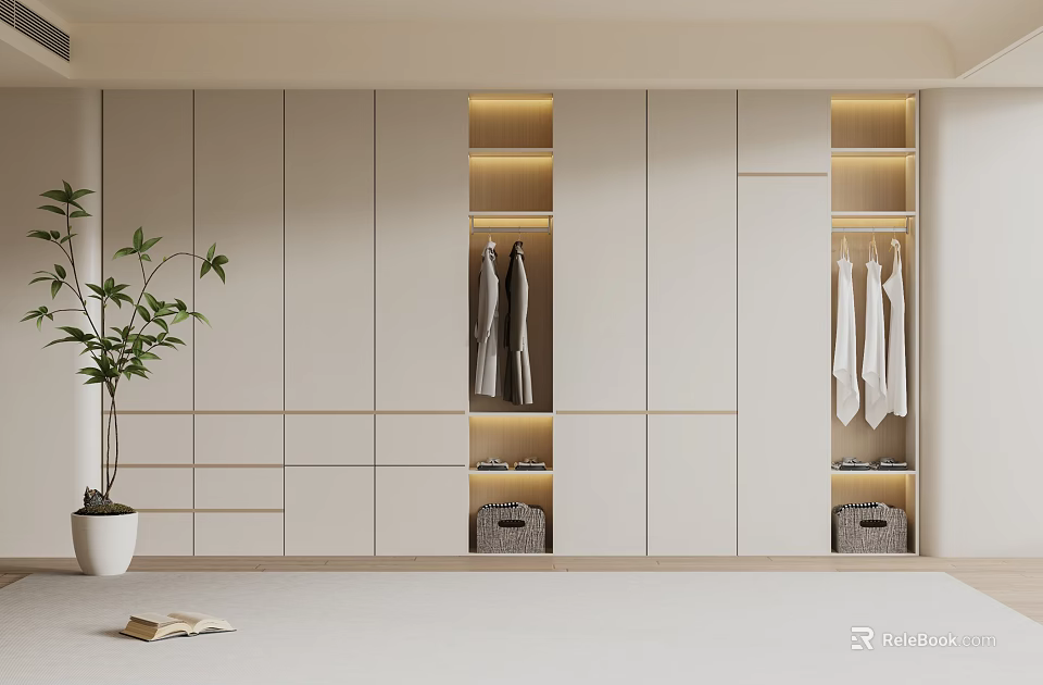 Modern Wardrobe Design With Lighted Open Shelves Clothes Hanging And Storage Drawers 3d model 