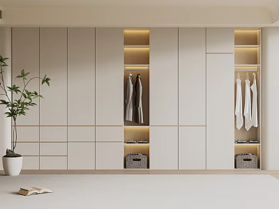 Modern Wardrobe Design With Lighted Open Shelves Clothes Hanging And Storage Drawers 3d model