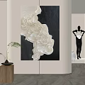 Modern Interior Space With Large Abstract Painting Black Sculpture And Green Plant