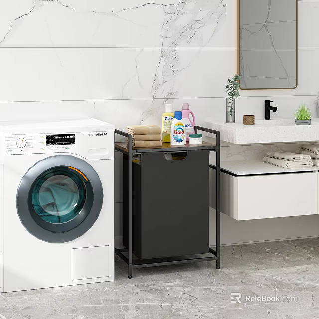 Black Bathroom Storage Rack With Cleaning Supplies And Towels Next To Washing Machine 3d model 