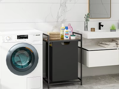 Black Bathroom Storage Rack With Cleaning Supplies And Towels Next To Washing Machine 3d model