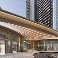 Modern Hotel Building Exterior Architecture With Glass Curtain Wall And Central Fountain Plaza