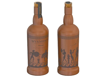 Myrmidon Beverage In Two Brown Ceramic Bottles With Ancient Greek Style Figures On Label 3d model