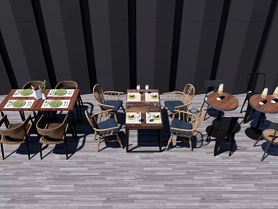 Stylish Outdoor Dining Table Set With Wooden Tables Rattan Chairs And Table Settings 3d model