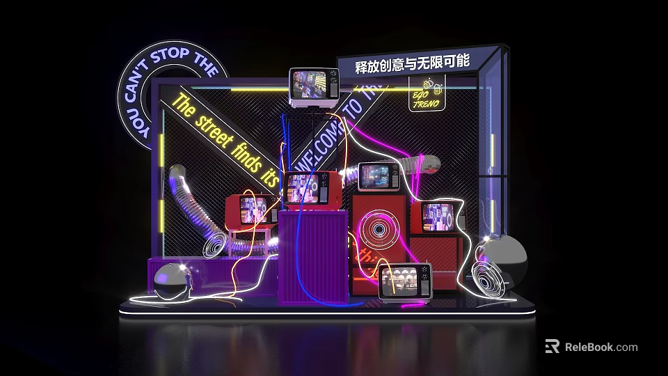 Street Style Neon Photo Check-in Spot with Vintage TVs Creative Decorations and Vibes 3d model 