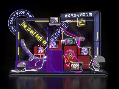 Street Style Neon Photo Check-in Spot with Vintage TVs Creative Decorations and Vibes 3d model