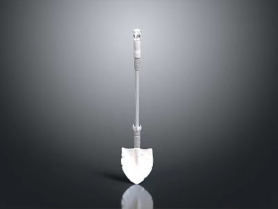 White Metal Shovel With Long Handle And Reflective Blade On Dark Surface 3d model