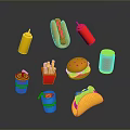 Various Fast Food Selection With Burger Hotdog Fries Taco Drinks And Condiments
