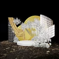 Elegant Floral Art Display Featuring Yellow Circular Backdrop White Florals Crystal Chandelier and Marble Base