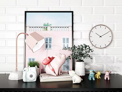 Decorative Ornament Set with Pink Lamp Camera Pig Rabbit Figurines and Green Plant on Table 3d model