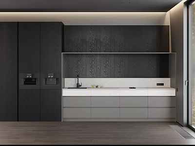 Modern Kitchen Cabinets With Dark Wood And Light Gray Design White Countertop And Built-in Appliances 3d model