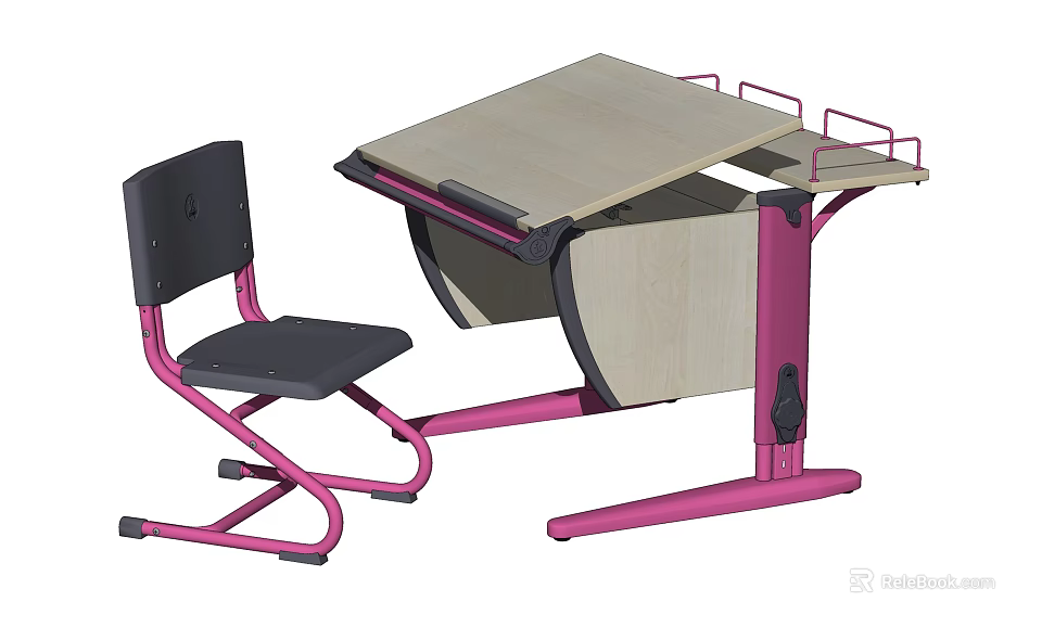 Light Wood Desk With Pink Frame Adjustable Desktop And Matching Chair For Study Room 3d model 