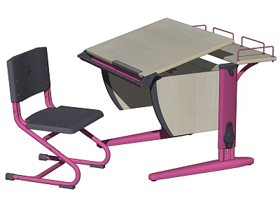 Light Wood Desk With Pink Frame Adjustable Desktop And Matching Chair For Study Room 3d model
